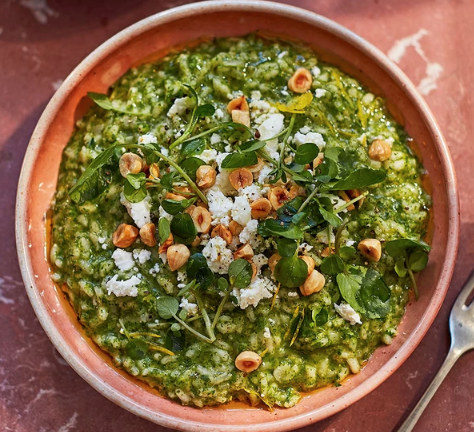 Watercress risotto with goat's cheese
