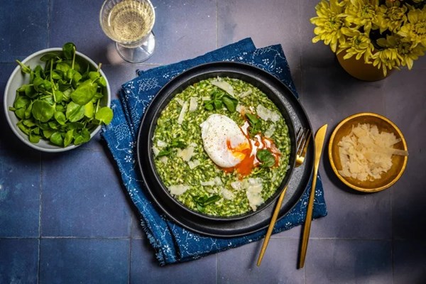 Watercress risotto with poached egg and Parmesan