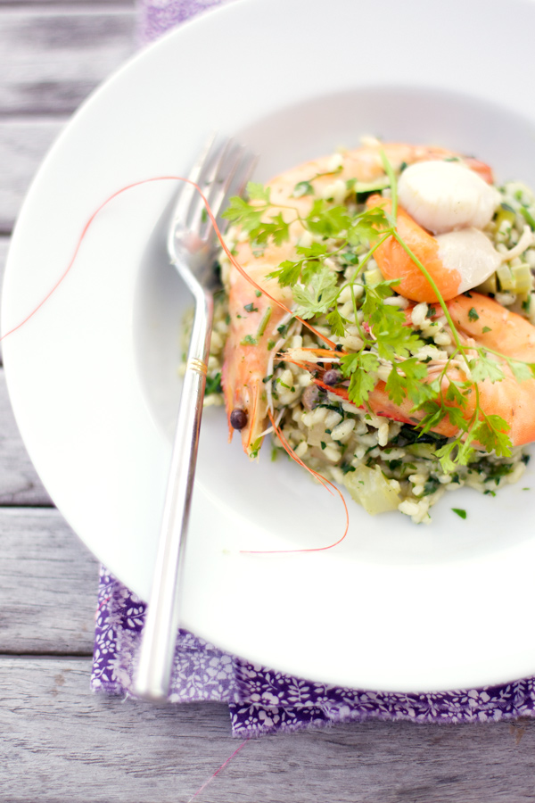 Watercress risotto with scampi and scallops