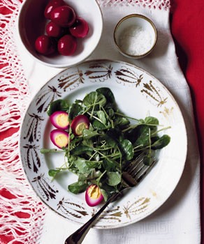 Watercress salad with pickled quail eggs