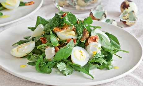 Watercress salad with quail's egg, ricotta and seeds