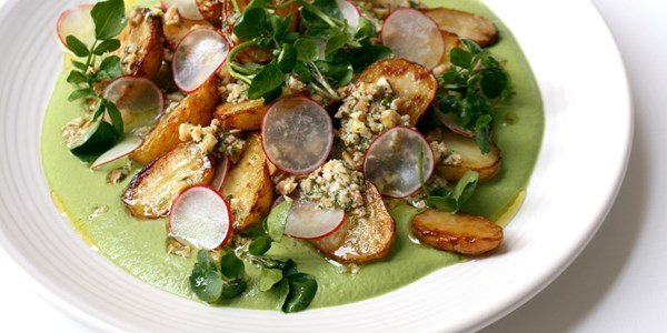 Watercress sauce, Marmite roasted new potatoes, tarragon and almond dressing