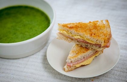 Watercress soup with cheddar toasties