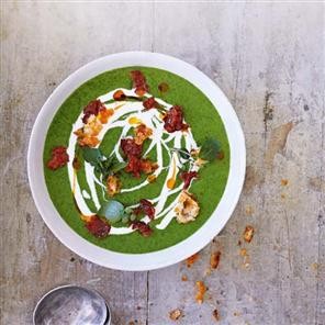 Watercress soup with chorizo crumbs