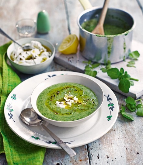 Watercress soup with labneh and spiced oil