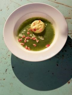 Watercress soup with Parmesan flan