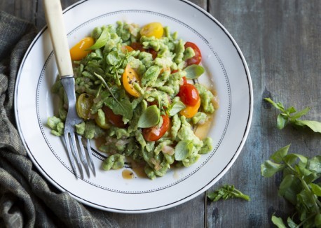 Watercress spaetzle with grape tomatoes