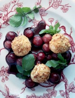 Watercress with smoked almond goat cheese scoops & grapes in red wine syrup