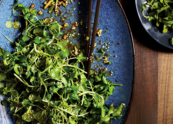 Watercress with spicy chile and sesame vinaigrette
