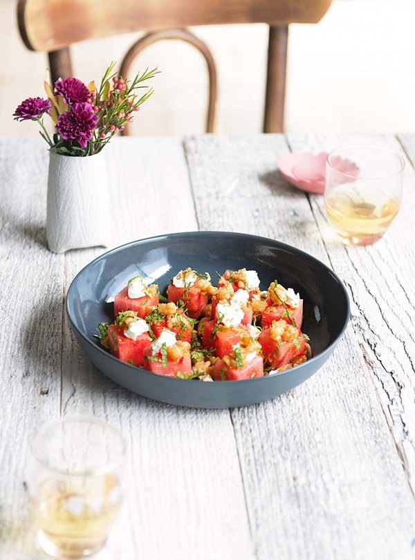 Watermelon & feta with prawn vinaigrette