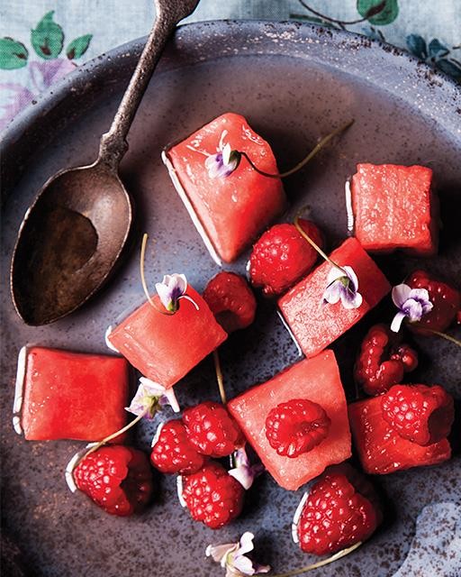 Watermelon & raspberries with vanilla syrup