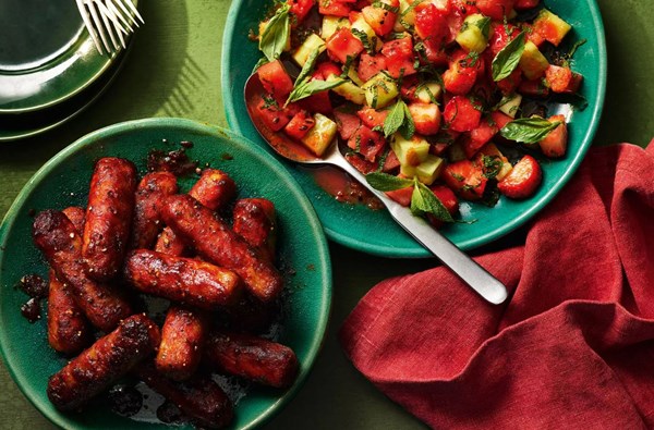 Watermelon & strawberry salad with sticky Sriracha sausages