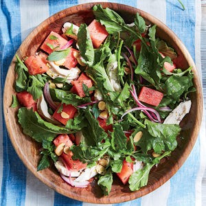 Watermelon and arugula chicken salad