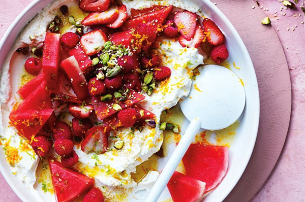Watermelon and berry with labneh, mint and pistachio