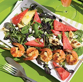 Watermelon and cress salad with grilled shrimp and hearts of palm