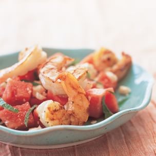 Watermelon and feta salad with grilled shrimp