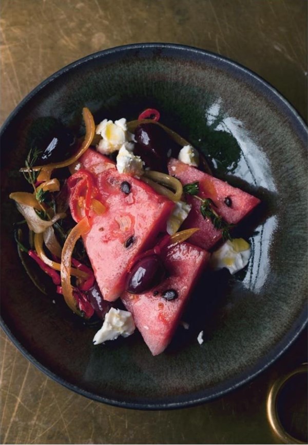 Watermelon and feta salad with marinated olives and preserved lemon
