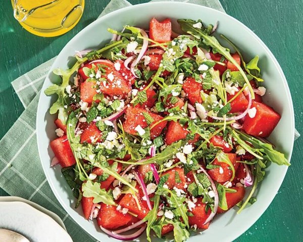 Watermelon and fresh cheese salad with jalapeño-honey vinaigrette