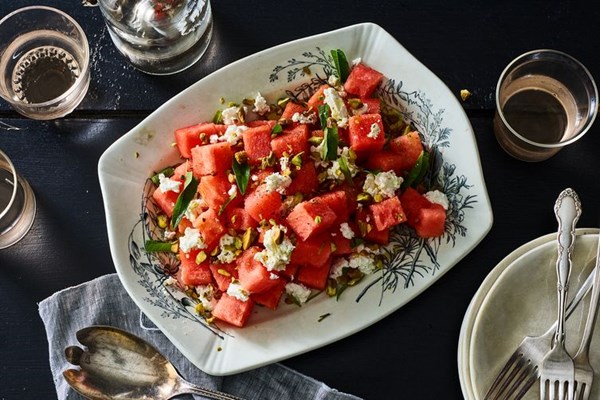 Watermelon and goat cheese salad with a verbena infused vinaigrette