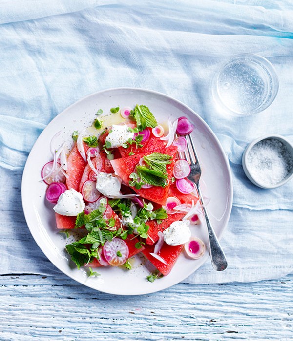 Watermelon and radish salad with goat's cheese