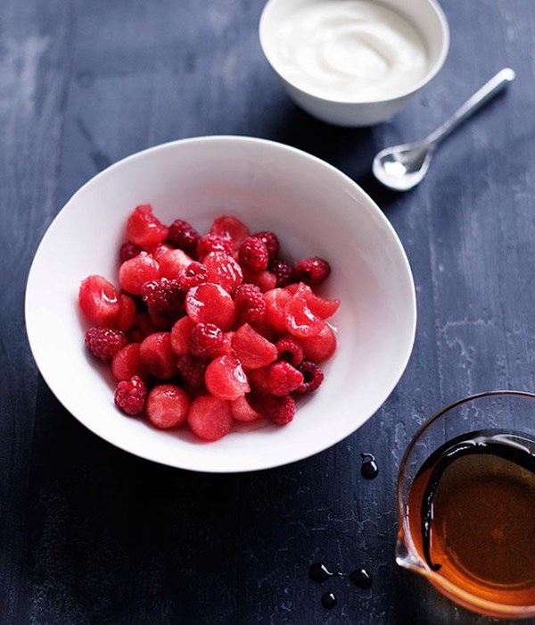 Watermelon and raspberry salad with honey yoghurt