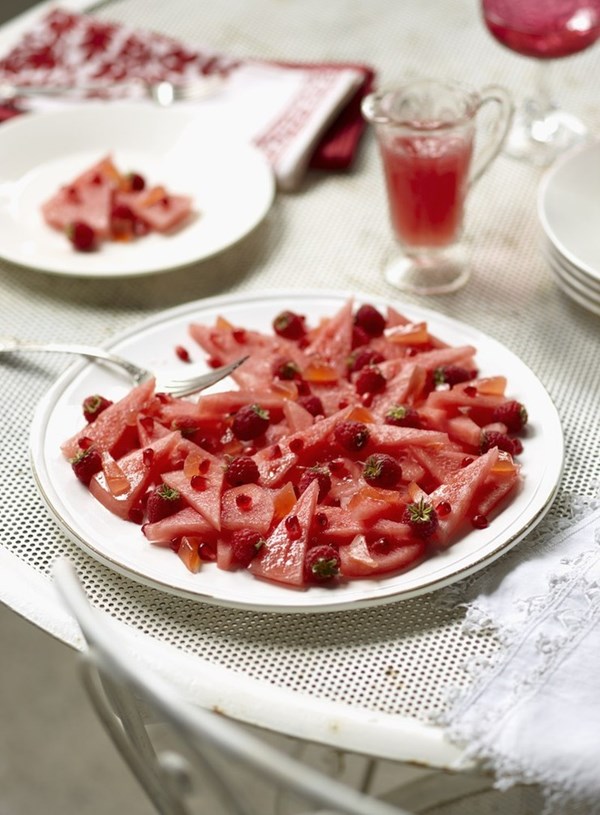 Watermelon and raspberry salad with rosewater syrup