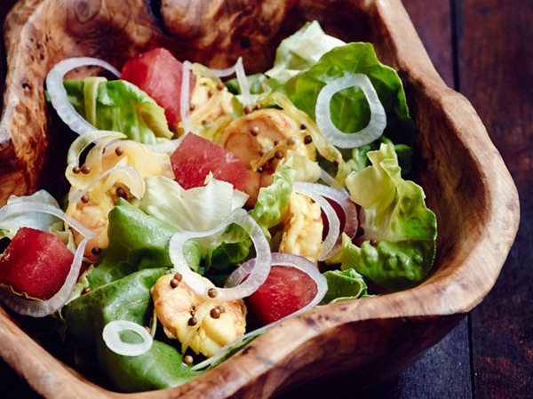 Watermelon and red onion salad with Bibb lettuce, pickled shrimp, and jalapeño vinaigrette from 'Heritage' (Cook the Book)
