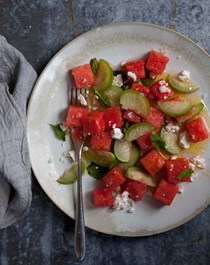 Watermelon and tomatillo salad with feta cheese