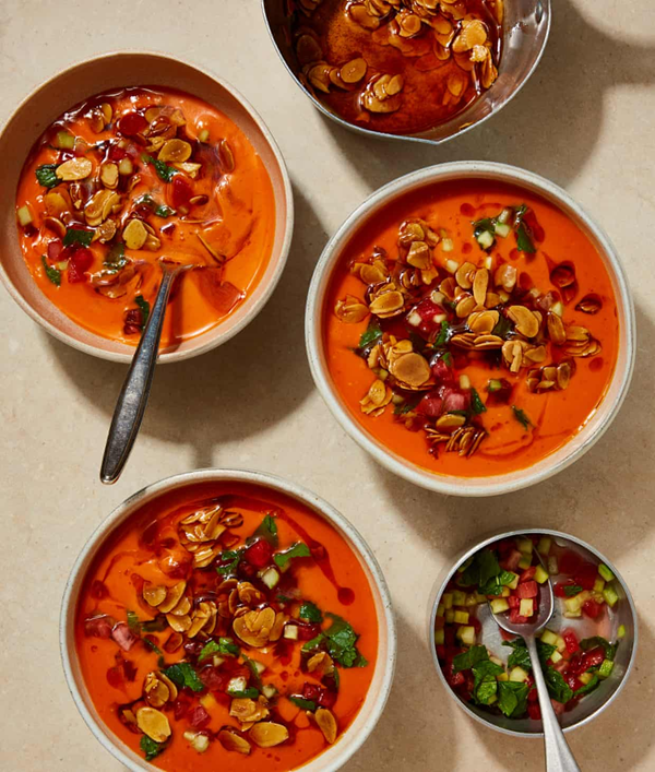 Watermelon and tomato gazpacho with almond oil