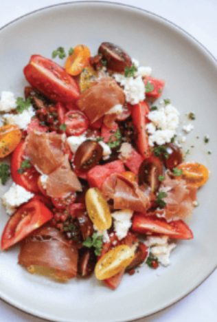 Watermelon and tomato salad with queso fresco and sweet peppers