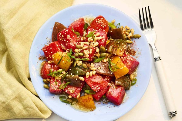 Watermelon and tomato salad with sesame-miso dressing
