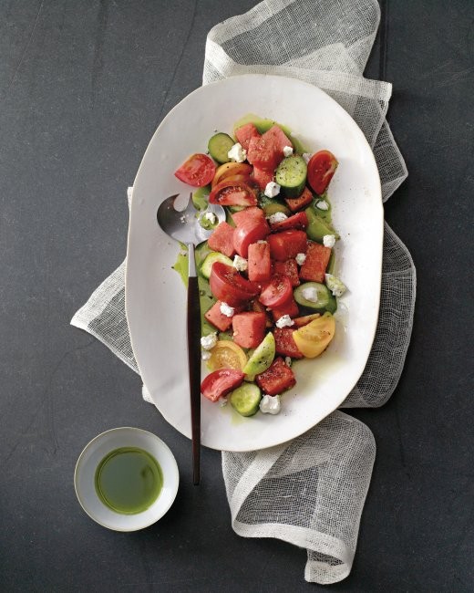 Watermelon and tomato salad with basil oil
