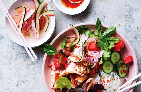 Watermelon and trout noodle salad