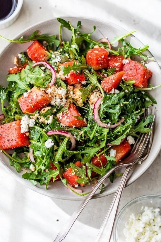 Watermelon arugula and feta salad