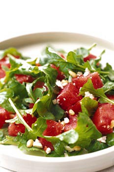 Watermelon, arugula, and pine nut salad