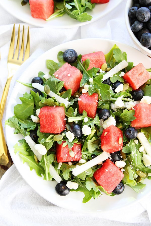 Watermelon, blueberry, and jicama arugula salad