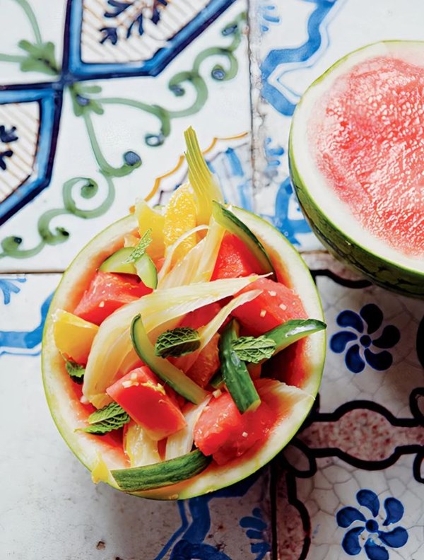 Watermelon boat salad with fennel