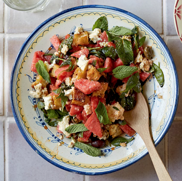 Watermelon, charred feta and bread salad with mint