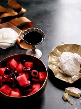 Watermelon, cherry and rose salad with shortbread, yoghurt and cherry syrup