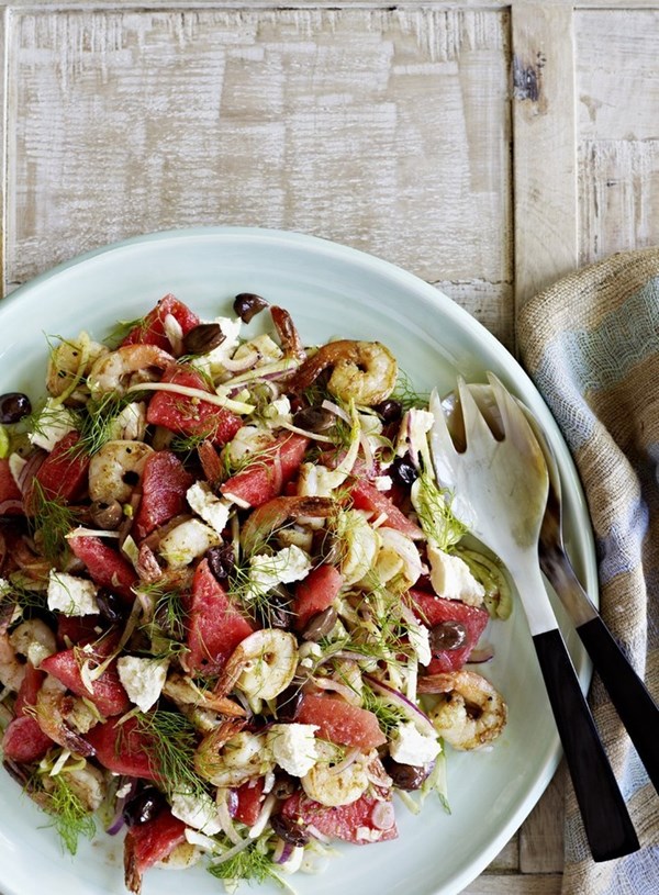 Watermelon, fennel and feta salad with prawns