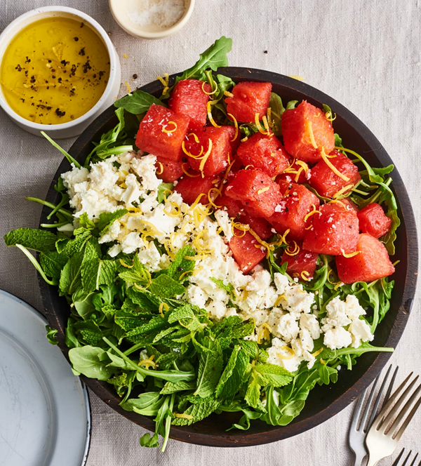 Watermelon, feta, and arugula salad