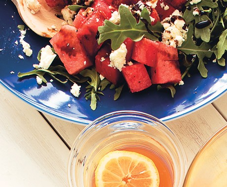 Watermelon, feta, and arugula salad with balsamic glaze