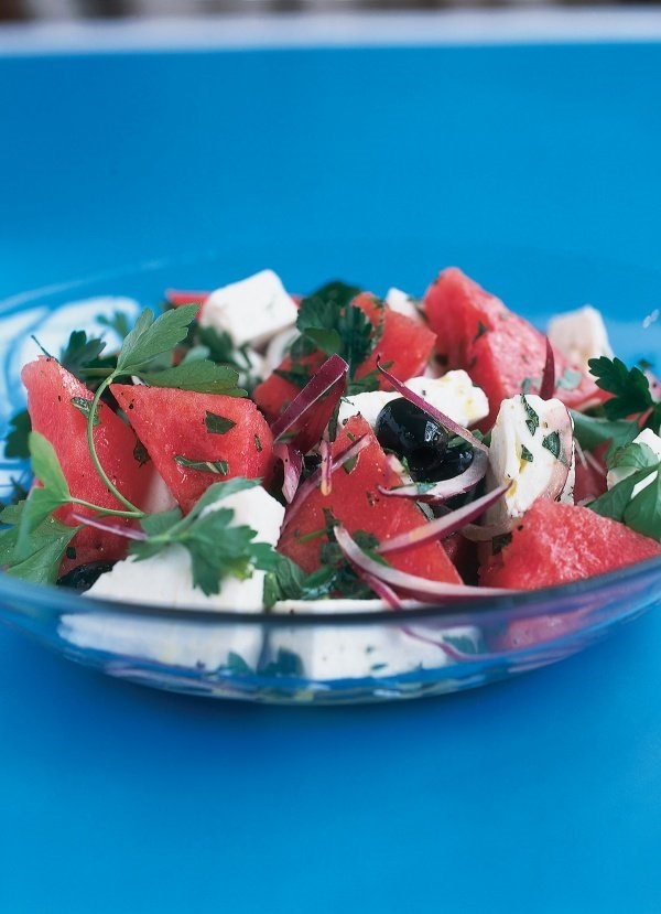 Watermelon, feta and black olive salad