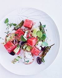 Watermelon, feta and charred pepper salad