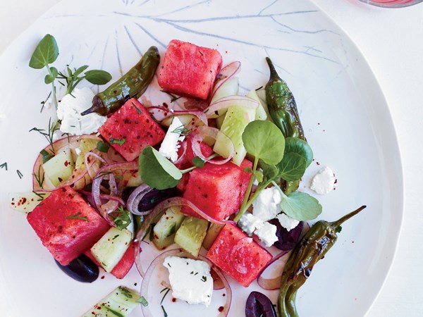 Watermelon, feta and charred pepper salad [Walker Stern]