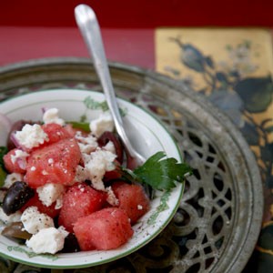 Watermelon, feta, and olive salad