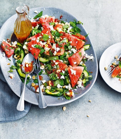 Watermelon, feta, herb and peanut salad with hot & sour dressing