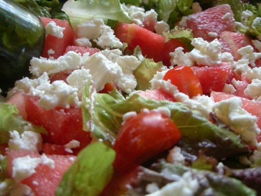 Watermelon feta tomato salad with basil vinaigrette
