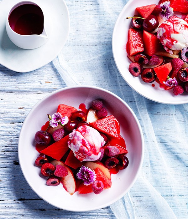 Watermelon fruit salad with ice-cream and raspberry-pepper salad