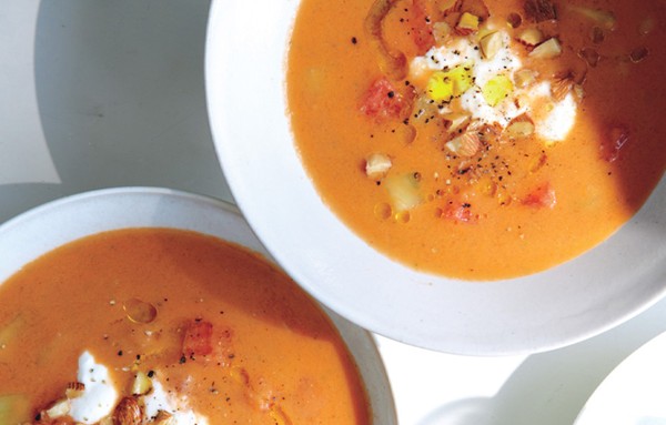Watermelon gazpacho with feta crema